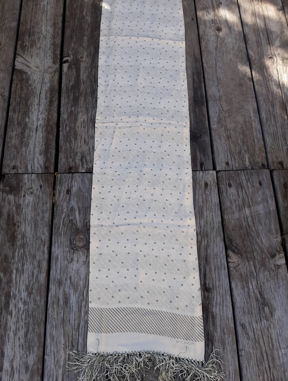 ECHO Silk Scarf Polka Dot Striped Neutral Fringe Made in Japan Vintage 11x52